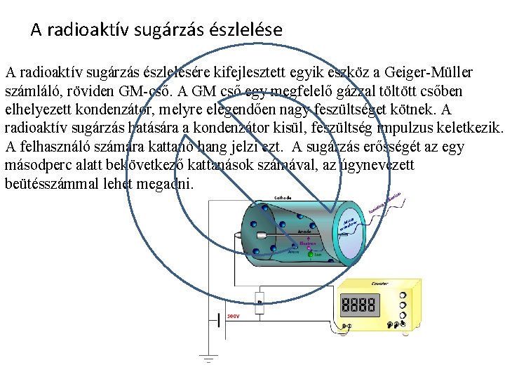 A radioaktív sugárzás észlelése A radioaktív sugárzás észlelésére kifejlesztett egyik eszköz a Geiger-Müller számláló,