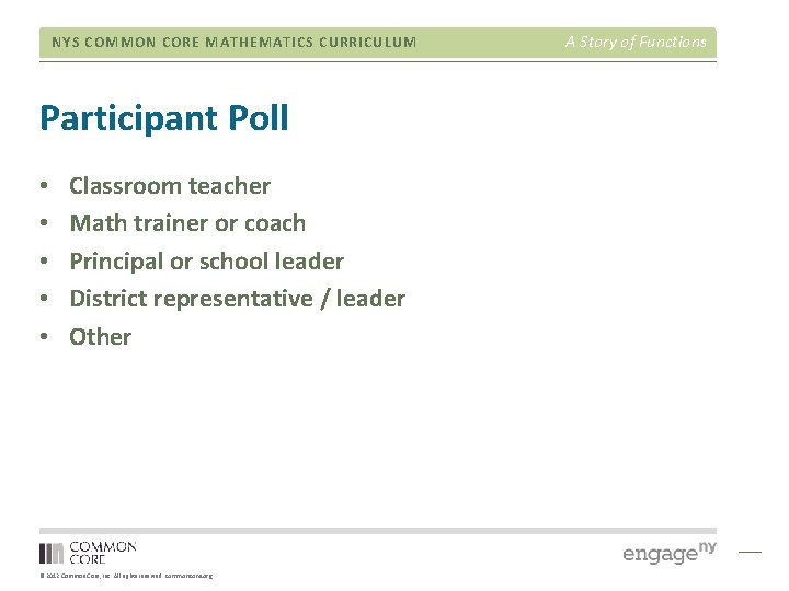 NYS COMMON CORE MATHEMATICS CURRICULUM Participant Poll • • • Classroom teacher Math trainer