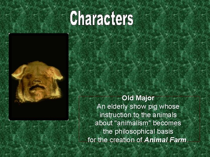 Old Major An elderly show pig whose instruction to the animals about "animalism" becomes