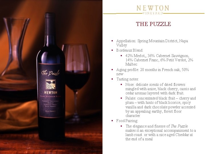 THE PUZZLE § Appellation: Spring Mountain District, Napa Valley § Bordeaux Blend: § 42% THE PUZZLE § Appellation: Spring Mountain District, Napa Valley § Bordeaux Blend: § 42%