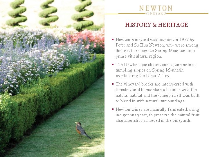HISTORY & HERITAGE § Newton Vineyard was founded in 1977 by Peter and Su HISTORY & HERITAGE § Newton Vineyard was founded in 1977 by Peter and Su