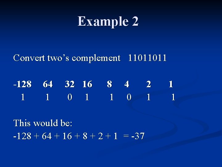 Example 2 Convert two’s complement 11011011 -128 1 64 1 32 16 0 1