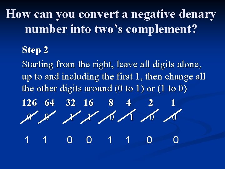 How can you convert a negative denary number into two’s complement? Step 2 Starting