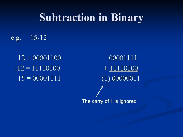 Subtraction in Binary e. g. 15 -12 12 = 00001100 -12 = 11110100 15