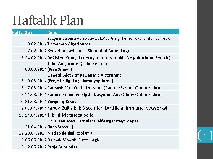 Haftalık Plan Hafta Gün 1 2 3 4 5 6 7 8 9 10