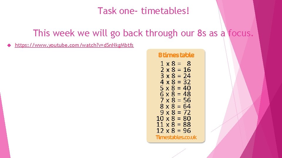 Task one- timetables! This week we will go back through our 8 s as