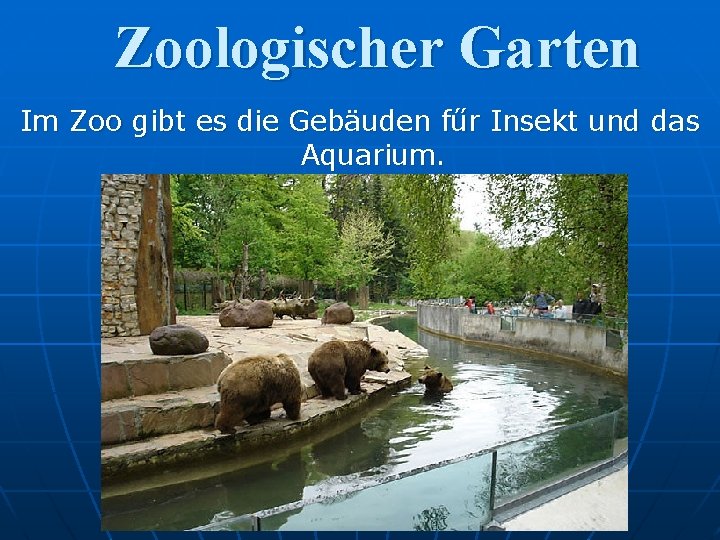 Zoologischer Garten Im Zoo gibt es die Gebäuden fűr Insekt und das Aquarium. 