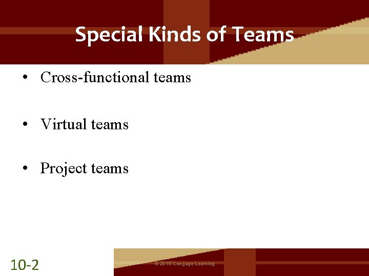 Special Kinds of Teams • Cross-functional teams • Virtual teams • Project teams 10