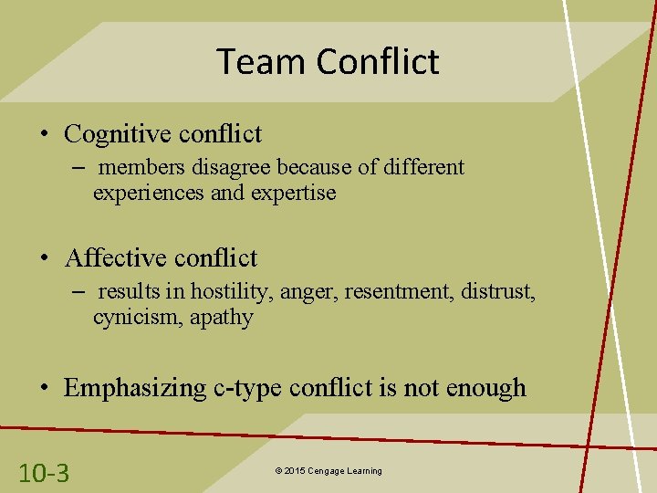 Team Conflict • Cognitive conflict – members disagree because of different experiences and expertise