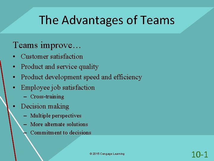 The Advantages of Teams improve… • • Customer satisfaction Product and service quality Product