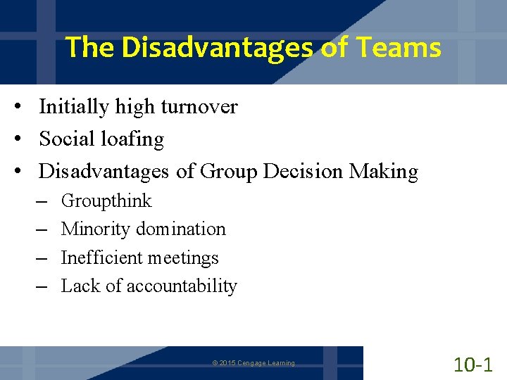 The Disadvantages of Teams • Initially high turnover • Social loafing • Disadvantages of