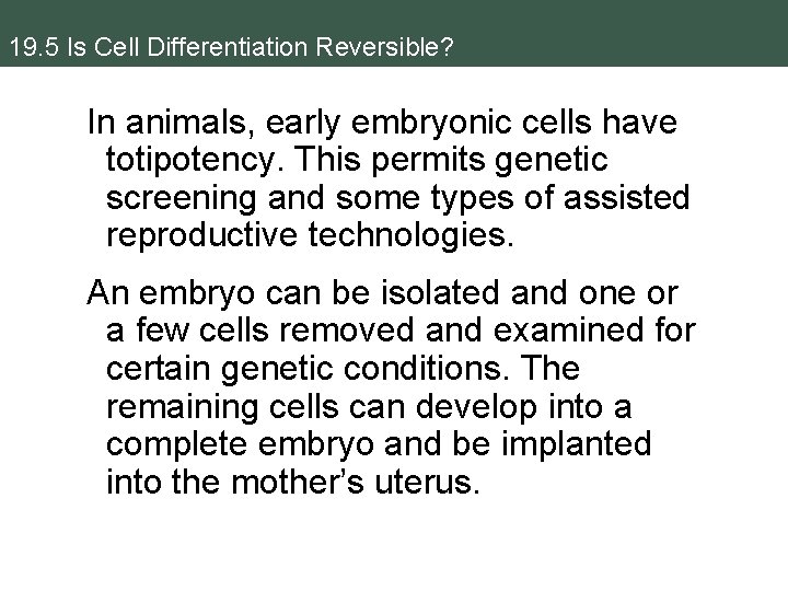 19. 5 Is Cell Differentiation Reversible? In animals, early embryonic cells have totipotency. This
