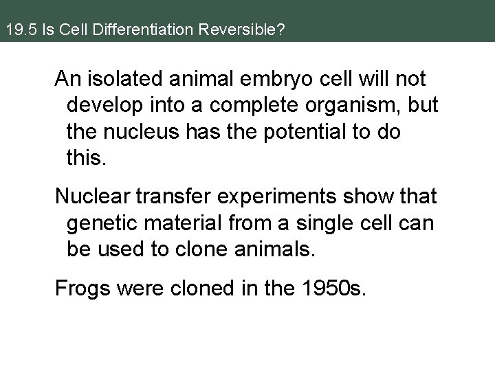 19. 5 Is Cell Differentiation Reversible? An isolated animal embryo cell will not develop