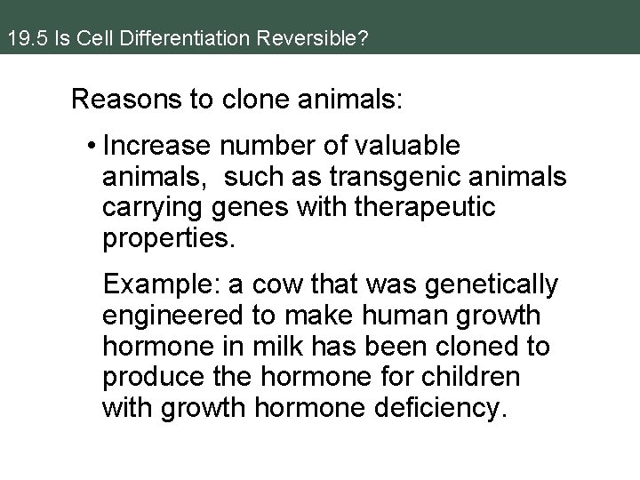 19. 5 Is Cell Differentiation Reversible? Reasons to clone animals: • Increase number of