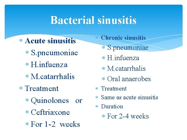 Bacterial sinusitis Acute sinusitis S. pneumoniae H. infuenza M. catarrhalis Treatment Quinolones or Ceftriaxone
