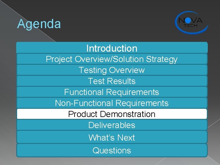 Agenda Introduction Project Overview/Solution Strategy Testing Overview Test Results Functional Requirements Non-Functional Requirements Product