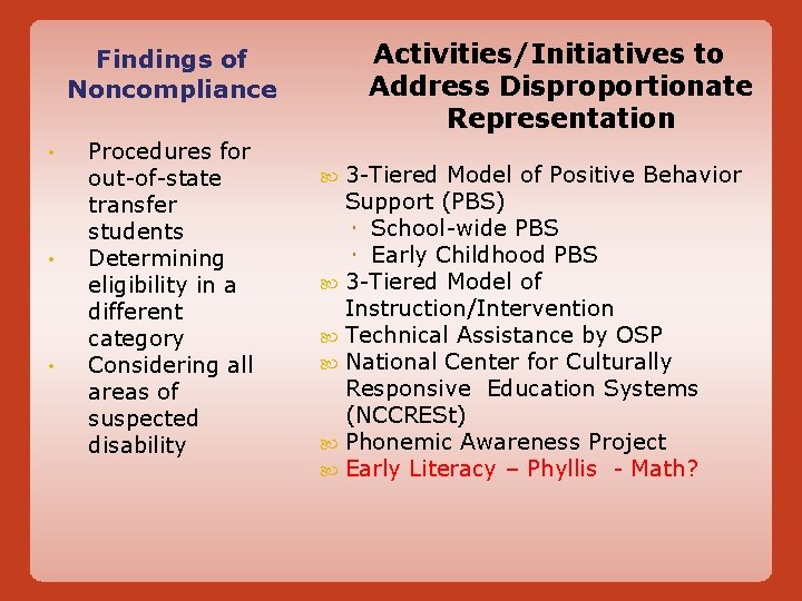 Activities/Initiatives to Address Disproportionate Representation Findings of Noncompliance • • • Procedures for out-of-state