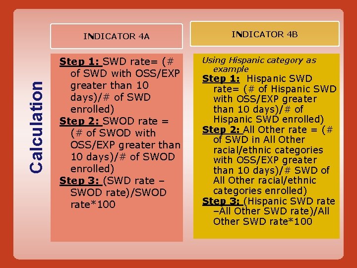 Calculation INDICATOR 4 A Step 1: SWD rate= (# of SWD with OSS/EXP greater Calculation INDICATOR 4 A Step 1: SWD rate= (# of SWD with OSS/EXP greater