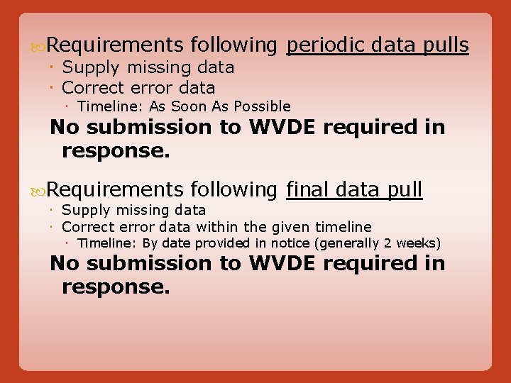 Requirements following Supply missing data Correct error data periodic data pulls Timeline: As Requirements following Supply missing data Correct error data periodic data pulls Timeline: As