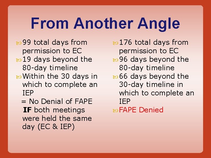 From Another Angle 99 total days from permission to EC 19 days beyond the