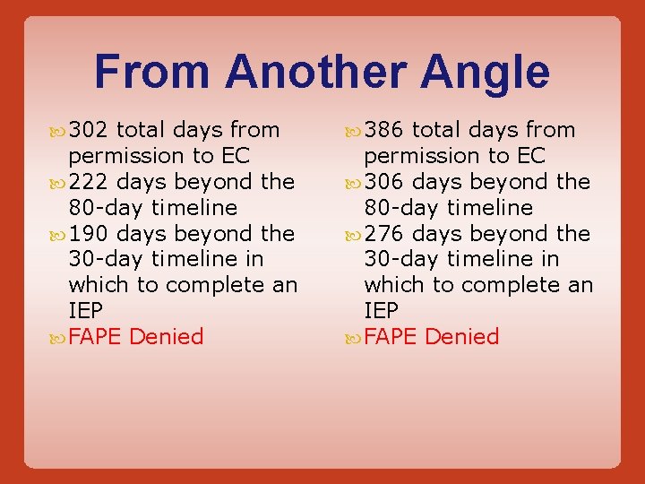 From Another Angle 302 total days from permission to EC 222 days beyond the From Another Angle 302 total days from permission to EC 222 days beyond the