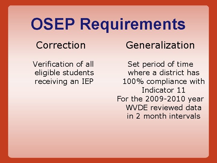 OSEP Requirements Correction Verification of all eligible students receiving an IEP Generalization Set period