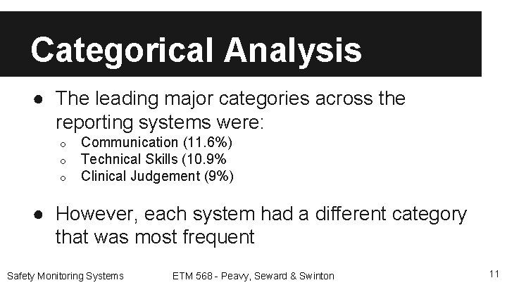 Categorical Analysis ● The leading major categories across the reporting systems were: o o