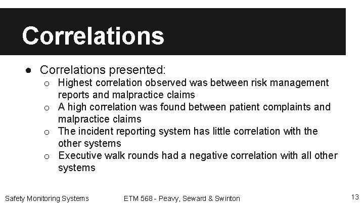 Correlations ● Correlations presented: o Highest correlation observed was between risk management reports and