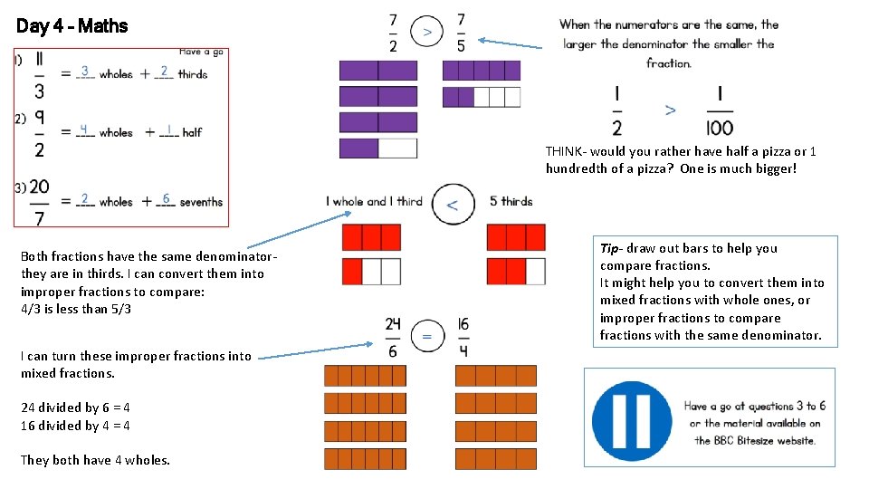 Day 4 – Maths THINK- would you rather have half a pizza or 1