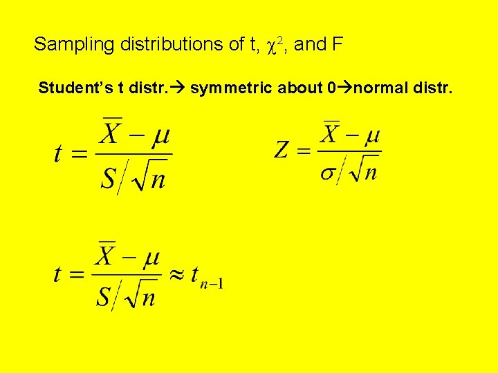 Sampling distributions of t, c 2, and F Student’s t distr. symmetric about 0