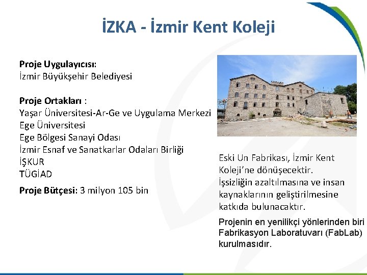 İZKA - İzmir Kent Koleji Proje Uygulayıcısı: İzmir Büyükşehir Belediyesi Proje Ortakları : Yaşar