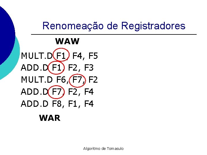 Renomeação de Registradores WAW MULT. D F 1, F 4, F 5 ADD. D