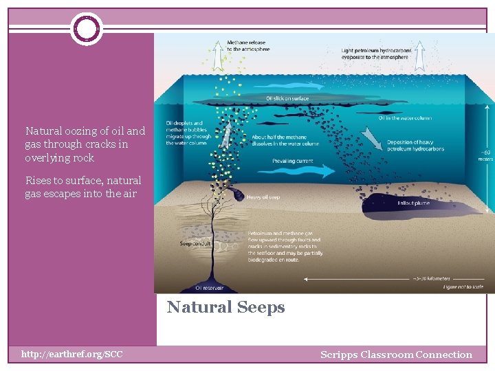 Natural oozing of oil and gas through cracks in overlying rock Rises to surface,