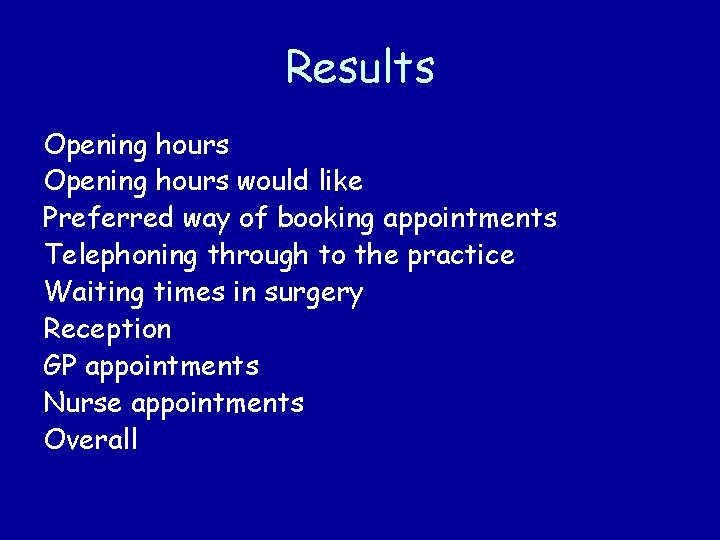 Results Opening hours would like Preferred way of booking appointments Telephoning through to the