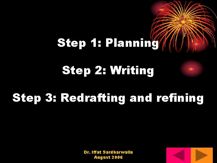 Step 1: Planning Step 2: Writing Step 3: Redrafting and refining Dr. Iffat Sardharwalla