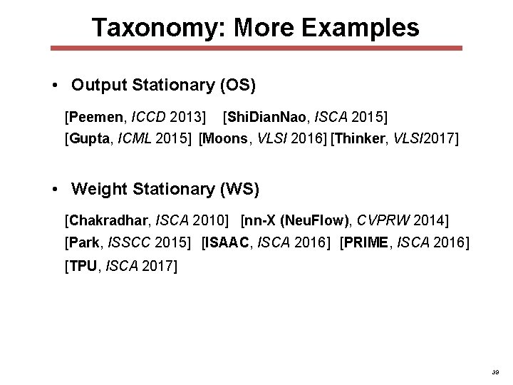Taxonomy: More Examples • Output Stationary (OS) [Peemen, ICCD 2013] [Shi. Dian. Nao, ISCA