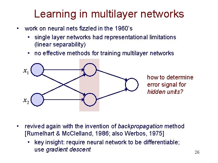 Learning in multilayer networks • work on neural nets fizzled in the 1960’s •