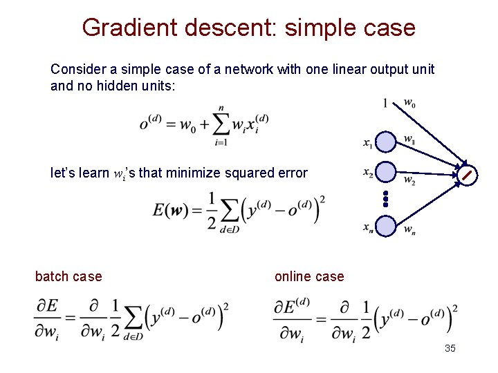 Gradient descent: simple case Consider a simple case of a network with one linear