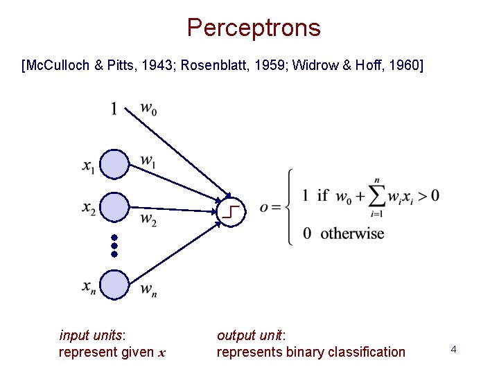 Perceptrons [Mc. Culloch & Pitts, 1943; Rosenblatt, 1959; Widrow & Hoff, 1960] input units: