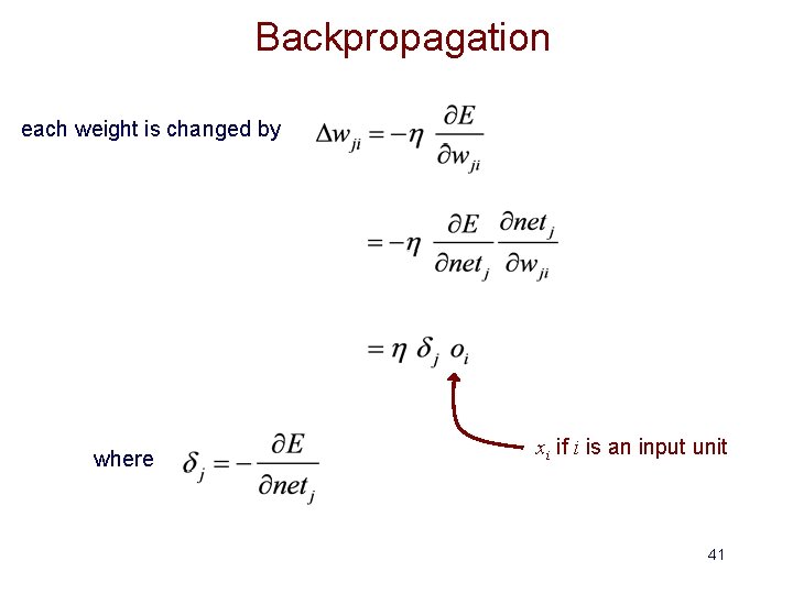 Backpropagation each weight is changed by where xi if i is an input unit