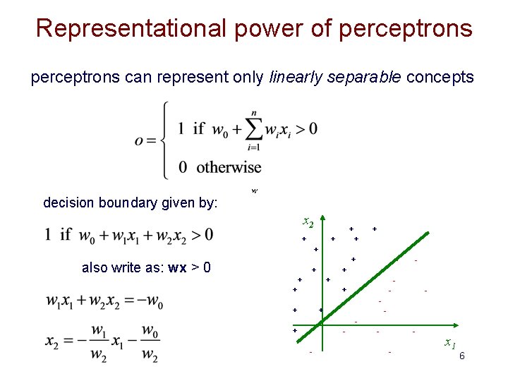 Representational power of perceptrons can represent only linearly separable concepts decision boundary given by: