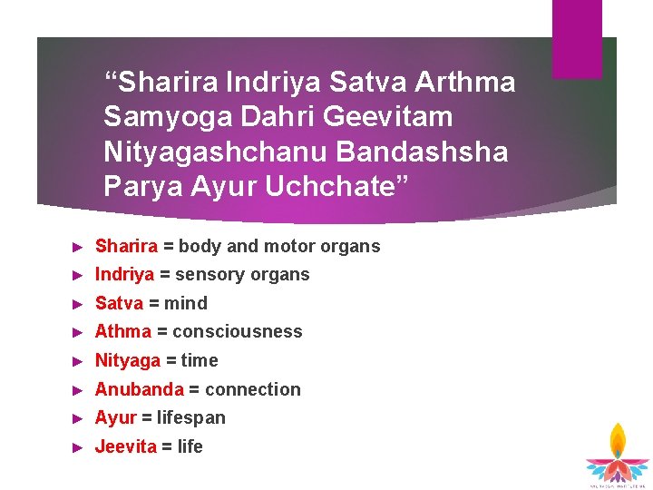“Sharira Indriya Satva Arthma Samyoga Dahri Geevitam Nityagashchanu Bandashsha Parya Ayur Uchchate” ► Sharira “Sharira Indriya Satva Arthma Samyoga Dahri Geevitam Nityagashchanu Bandashsha Parya Ayur Uchchate” ► Sharira