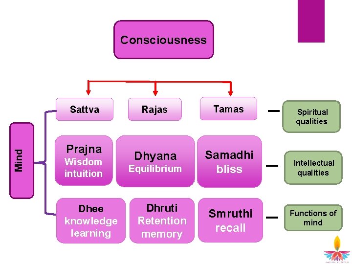 Consciousness Mind Sattva Prajna Wisdom intuition Dhee knowledge learning Rajas Tamas Dhyana Samadhi bliss Consciousness Mind Sattva Prajna Wisdom intuition Dhee knowledge learning Rajas Tamas Dhyana Samadhi bliss