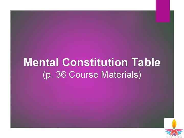 Mental Constitution Table (p. 36 Course Materials) Mental Constitution Table (p. 36 Course Materials)