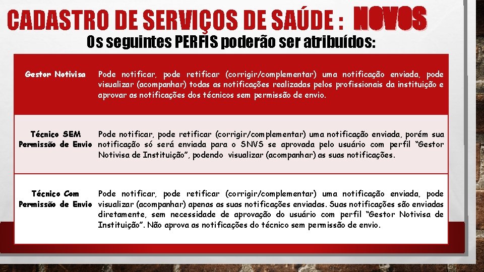 CADASTRO DE SERVIÇOS DE SAÚDE : NOVOS Os seguintes PERFIS poderão ser atribuídos: Gestor