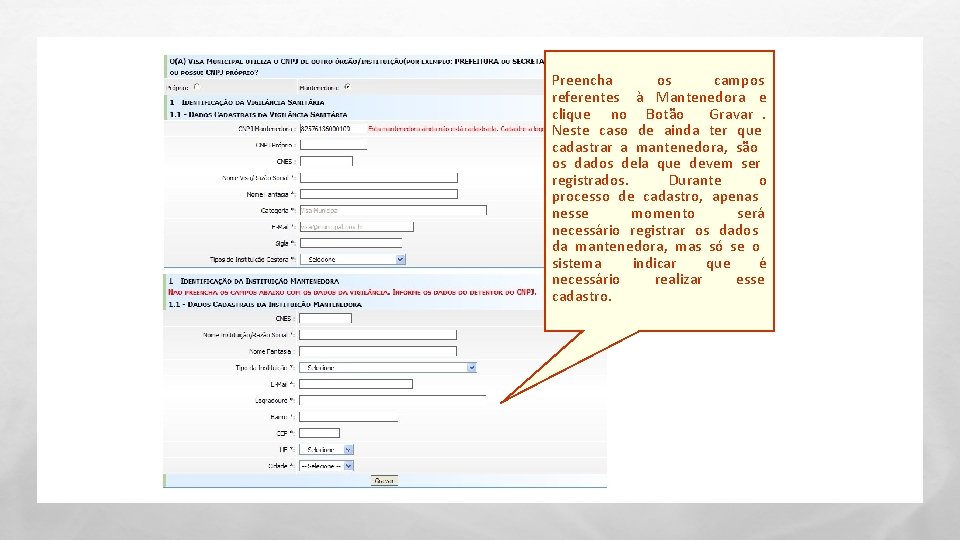 Preencha os campos referentes à Mantenedora e clique no Botão Gravar. Neste caso de