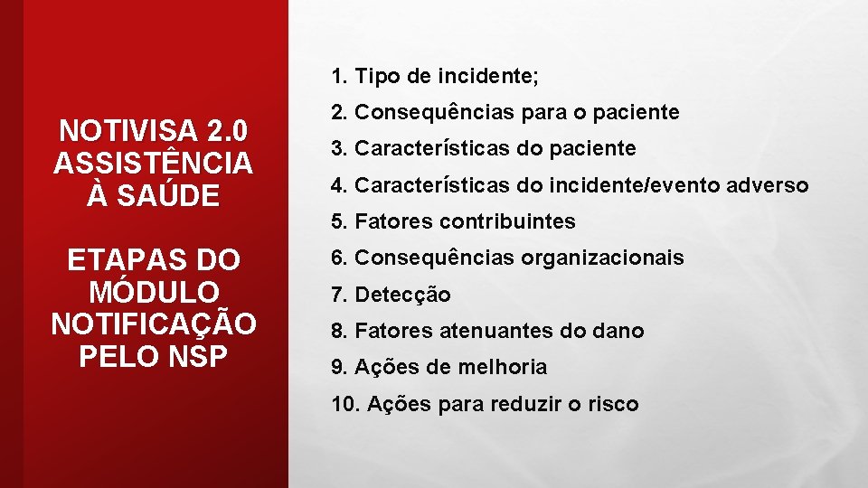 1. Tipo de incidente; NOTIVISA 2. 0 ASSISTÊNCIA À SAÚDE ETAPAS DO MÓDULO NOTIFICAÇÃO