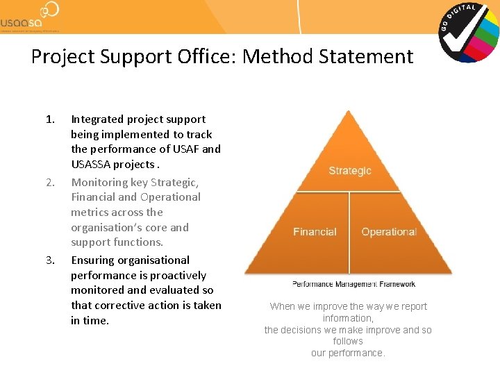 Project Support Office: Method Statement 1. 2. 3. Integrated project support being implemented to