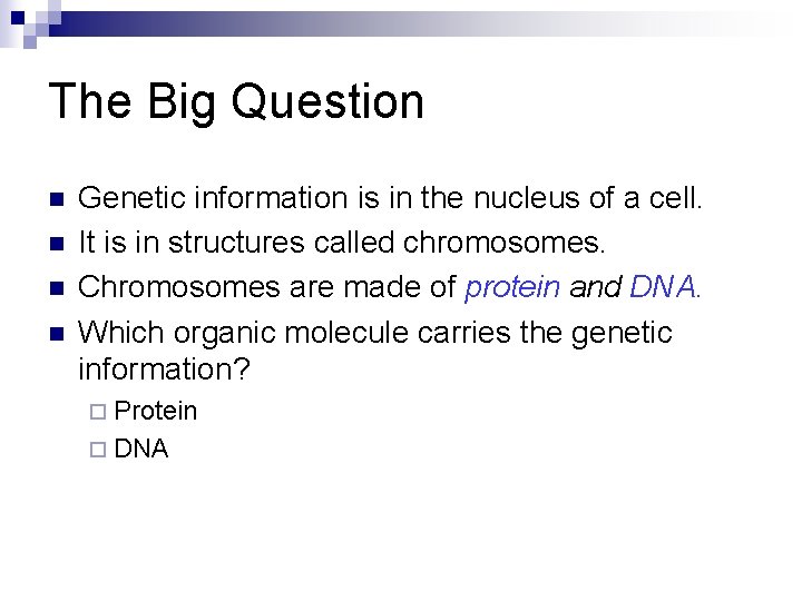 The Big Question n n Genetic information is in the nucleus of a cell.