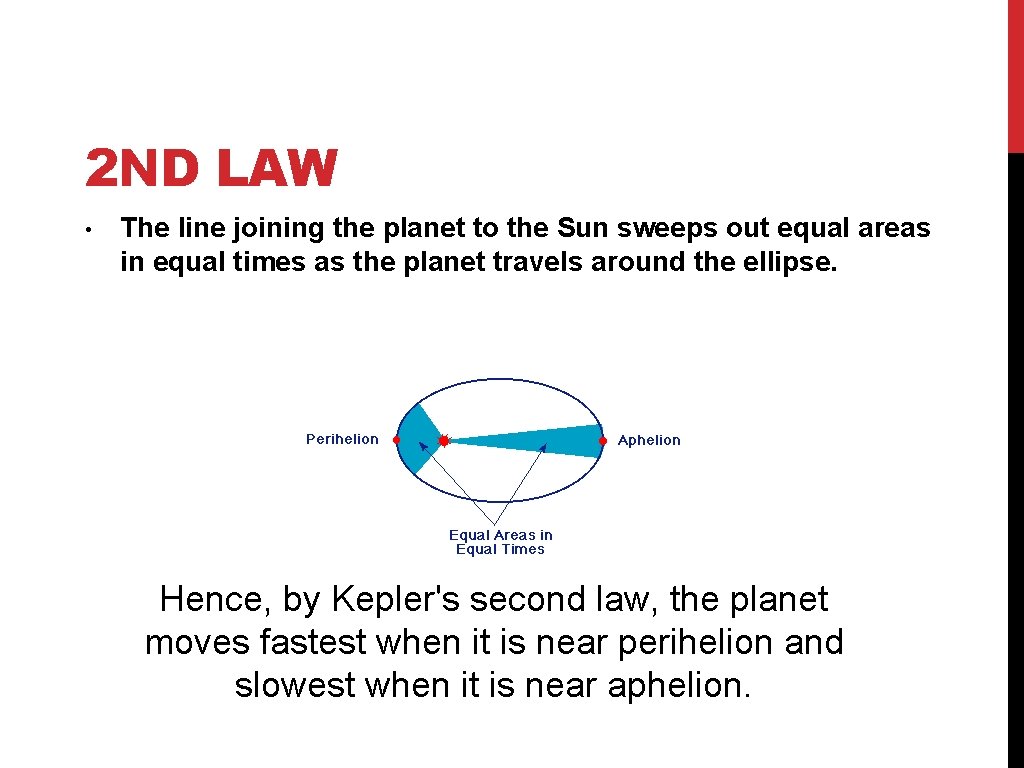 2 ND LAW • The line joining the planet to the Sun sweeps out